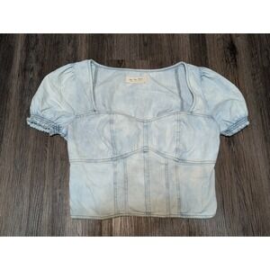 We The Free Denim Corset Top‎ Puff Sleeve Square Neck Light Wash Size L